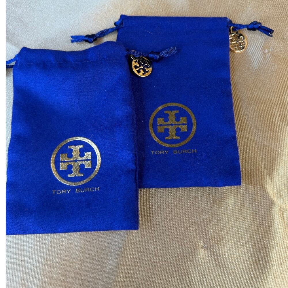 Lot of 2 Tory Burch Blue Velvet Jewelry Dust Pouch Bags w/ Gold Logo Charm NWOT